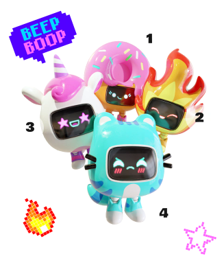 CircuitMess Beep Boop Kirin, Miao Miao, Tochi and Mochi on a transparent background with numbers