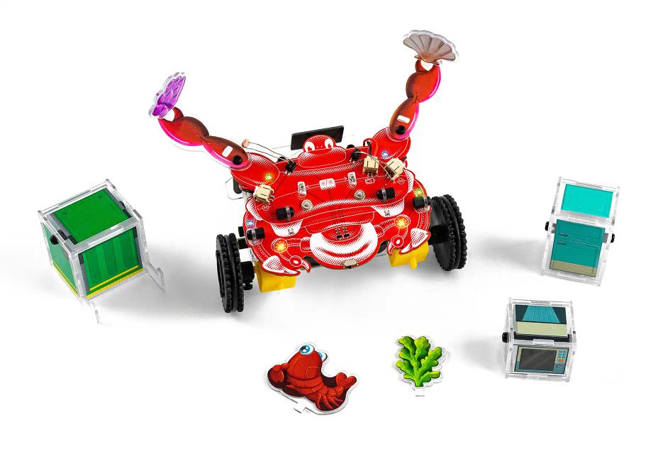 CircuitMess Dusty with additional stickers and toys, on a white background