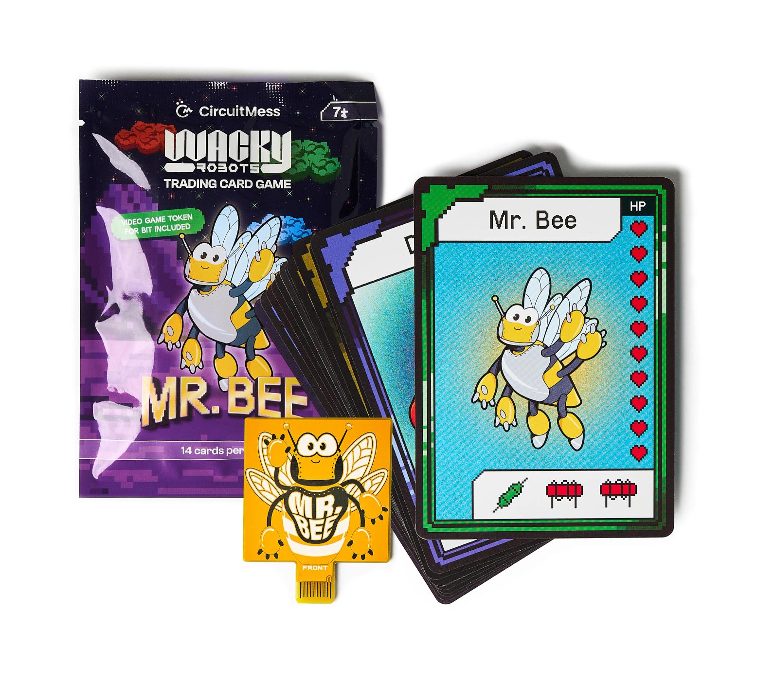 CircuitMess Bit Expansion Mr. Bee package, card and token on a white background.