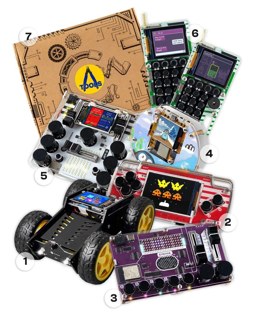 CircuitMess Wheelson, ByteBoi, Synthia, Codee, Jay-D, Chatter, Tools Pack on a transparent background