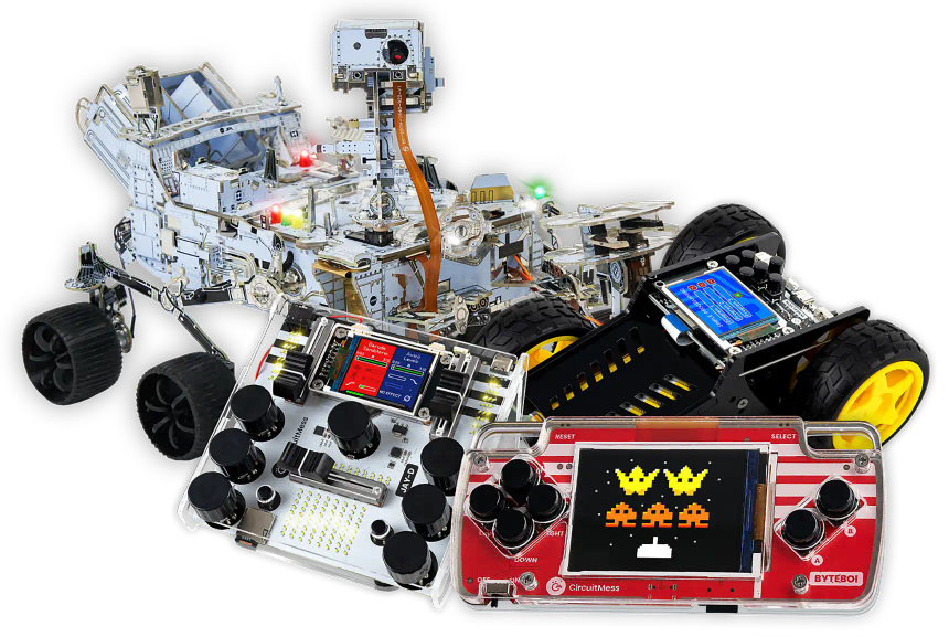 CircuitMess NASA Mars Rover, Wheelson, ByteBoi, Jay-D on a transparent background