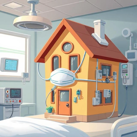 cartoon image of a house in hospital wearing an oxygen mask and medical monitoring equipment to show the concept of airtightness and healthy  homes