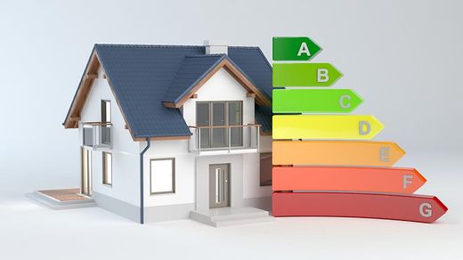 Image showing the concept of an efficient house with efficiency ratings scale alongside for an article exploring Green Careers Week 2024 in the construction industry