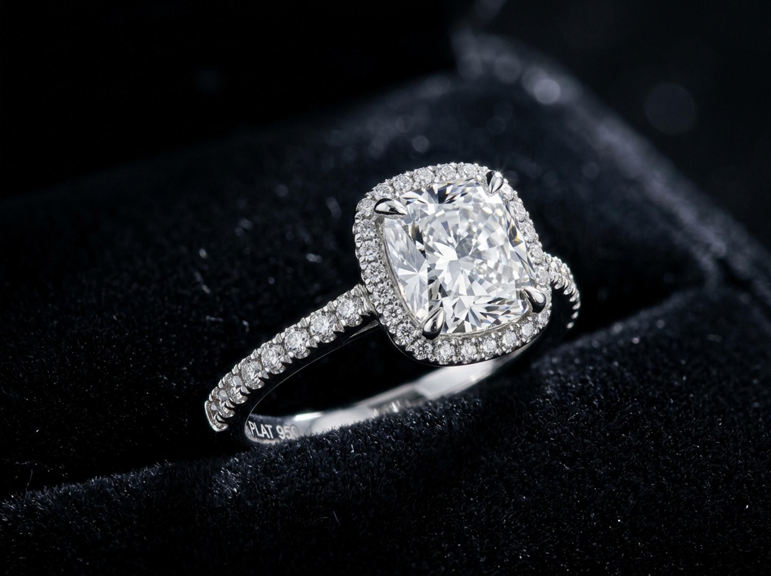 A finished cushion-cut diamond ring made to a client's design
