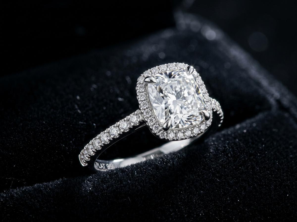 A finished cushion-cut diamond ring made to a client's design