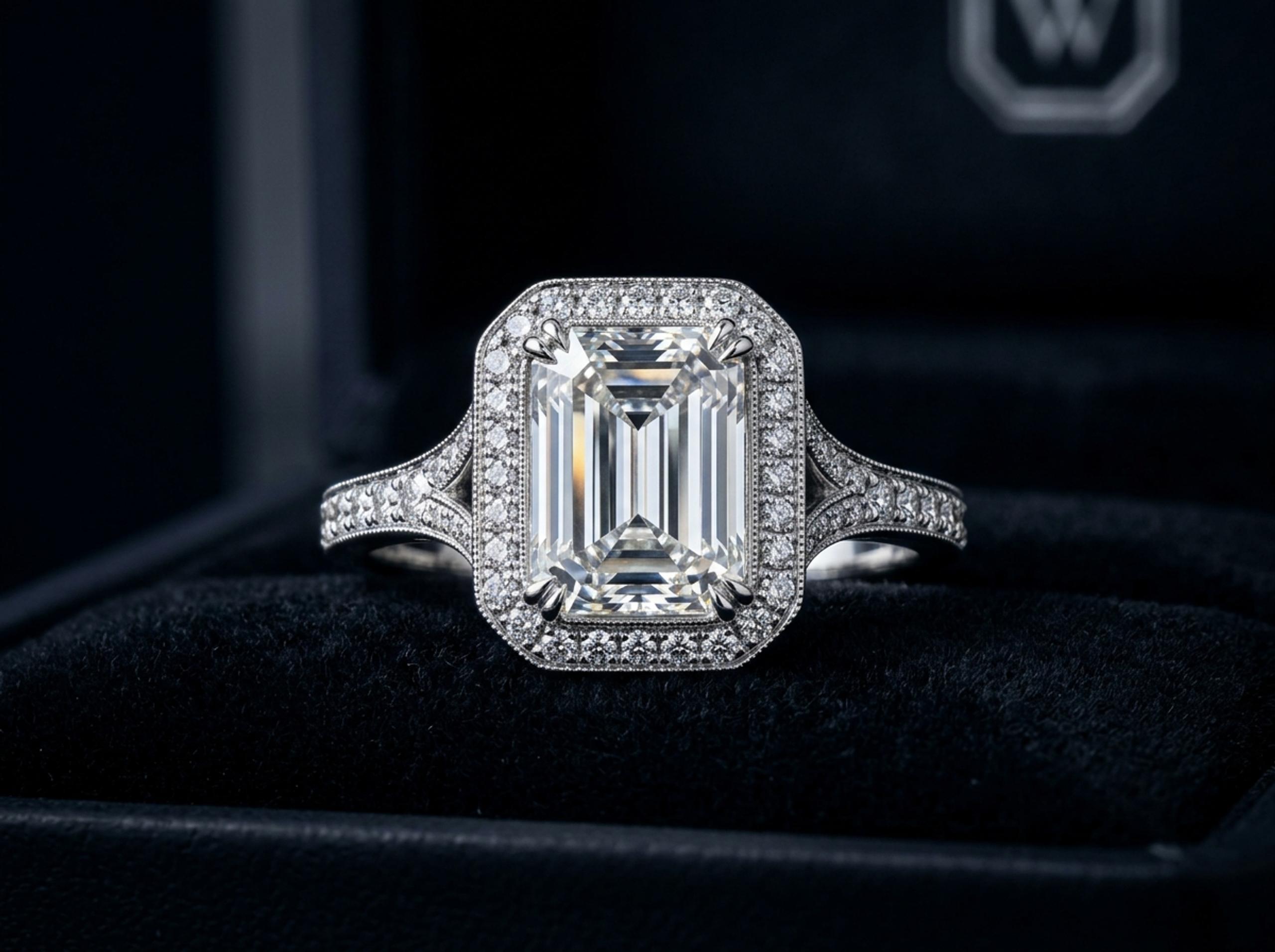 Emerald-Cut Halo Diamond Ring — MD-ENG-002