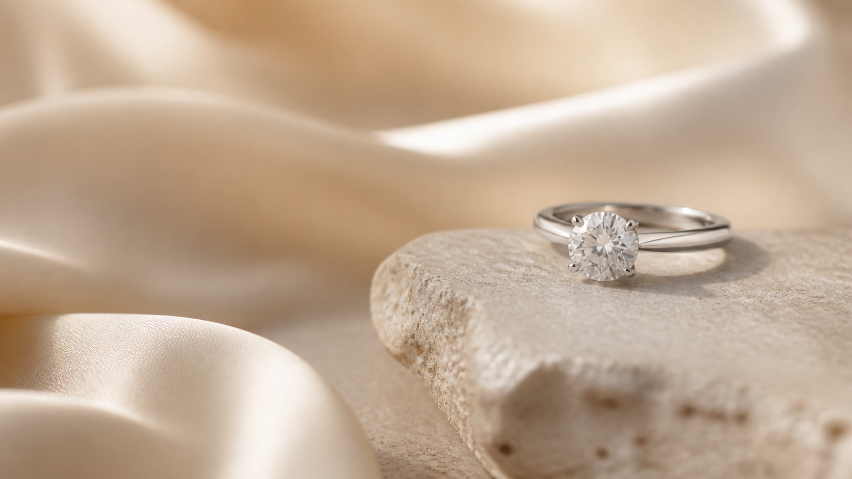 Editorial photograph of a diamond solitaire ring on warm stone and ivory silk