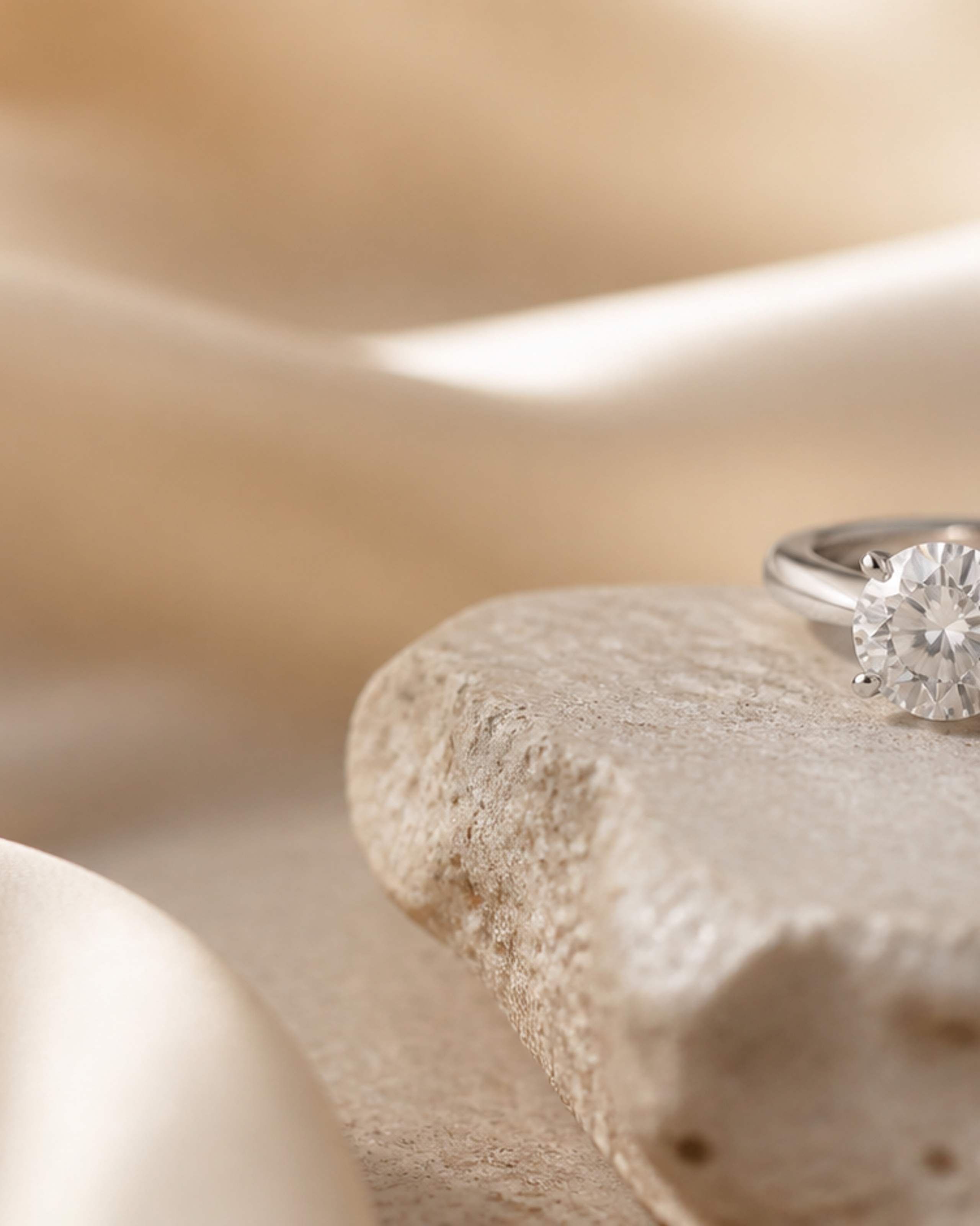 Editorial photograph of a diamond solitaire ring on warm stone and ivory silk