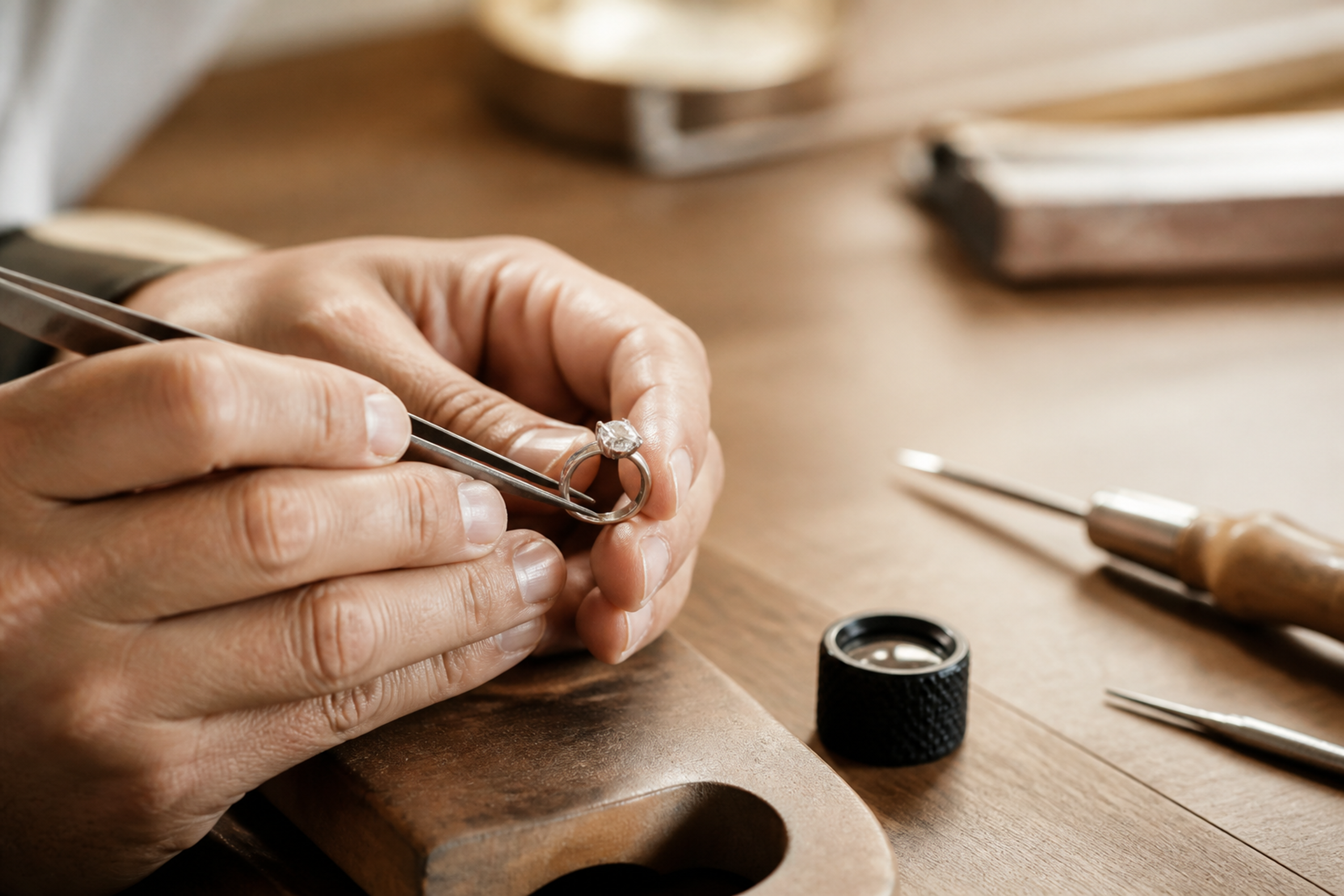 Editorial illustration of close hands examining a diamond ring at a jewellery bench