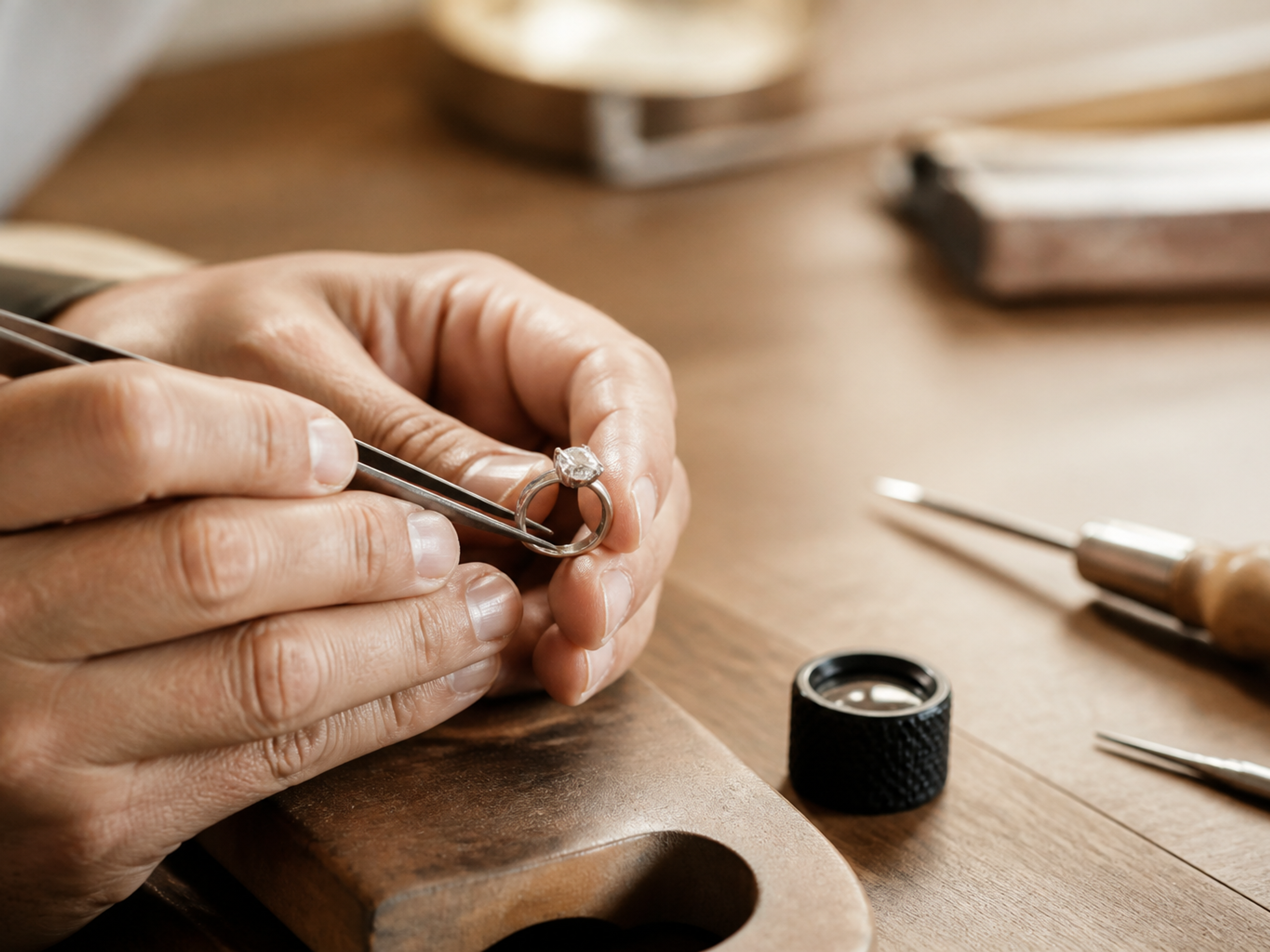 Editorial illustration of hands carefully inspecting a diamond ring at a jewellery bench