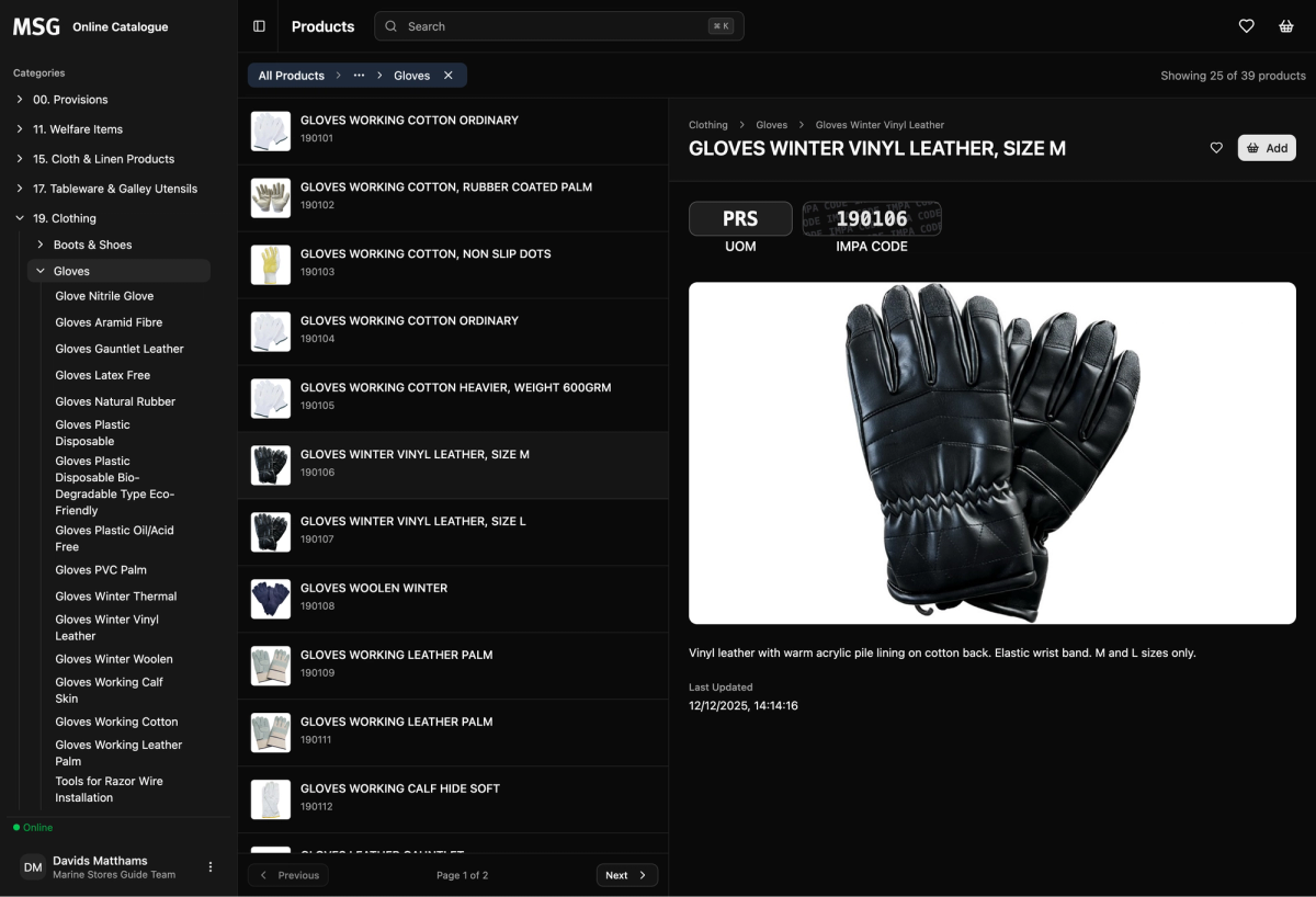 A screenshot of the Marine Stores Guide web app showing the browser