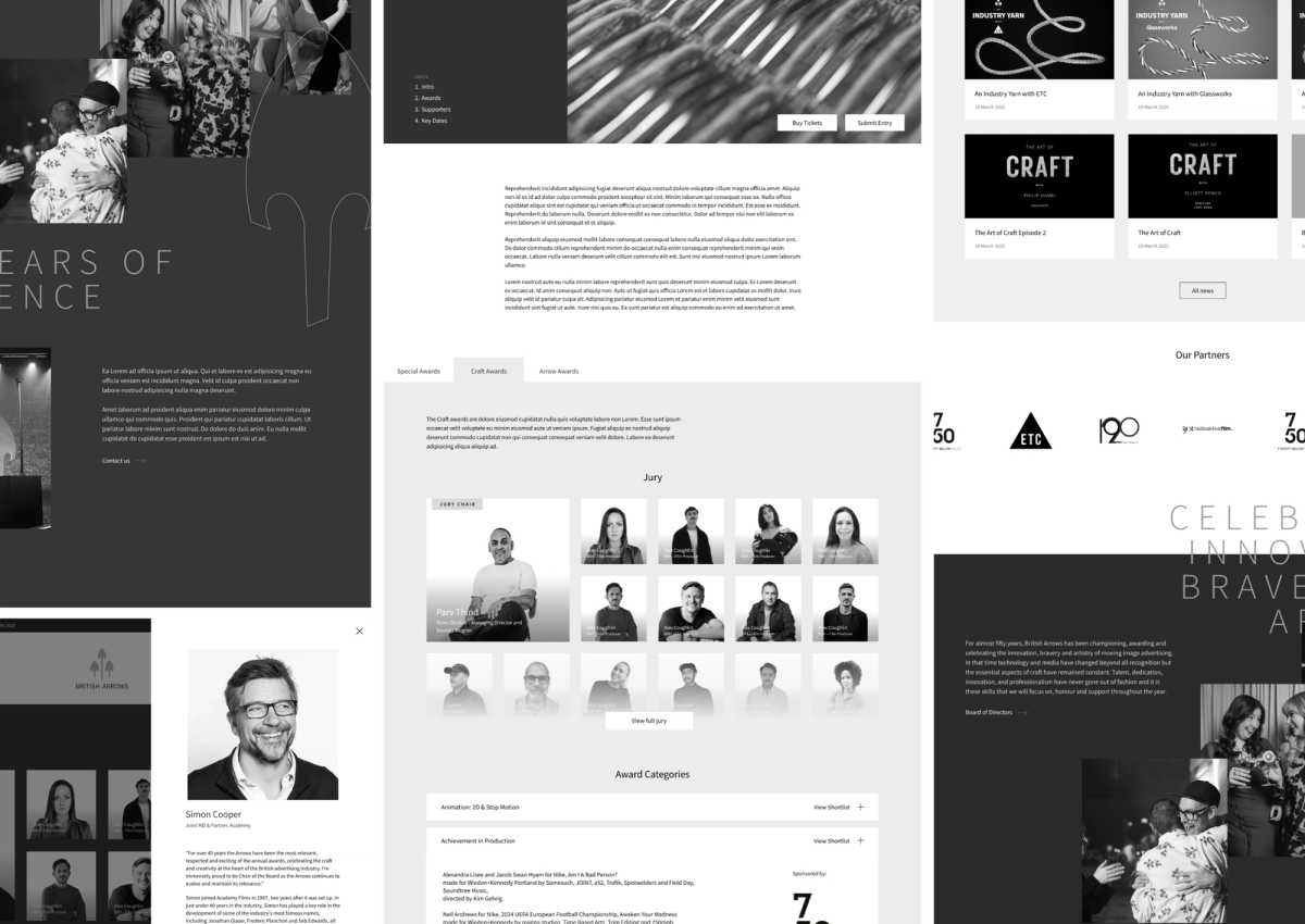 A mosaic of wireframes for the British Arrows site