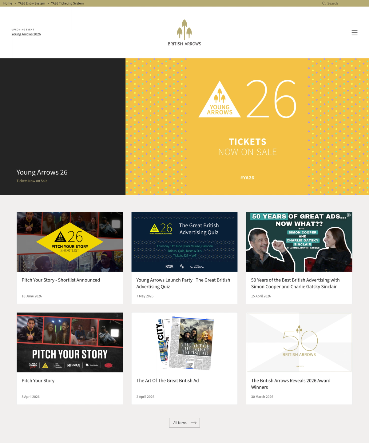 A screenshot showing the redesigned British Arrows home page