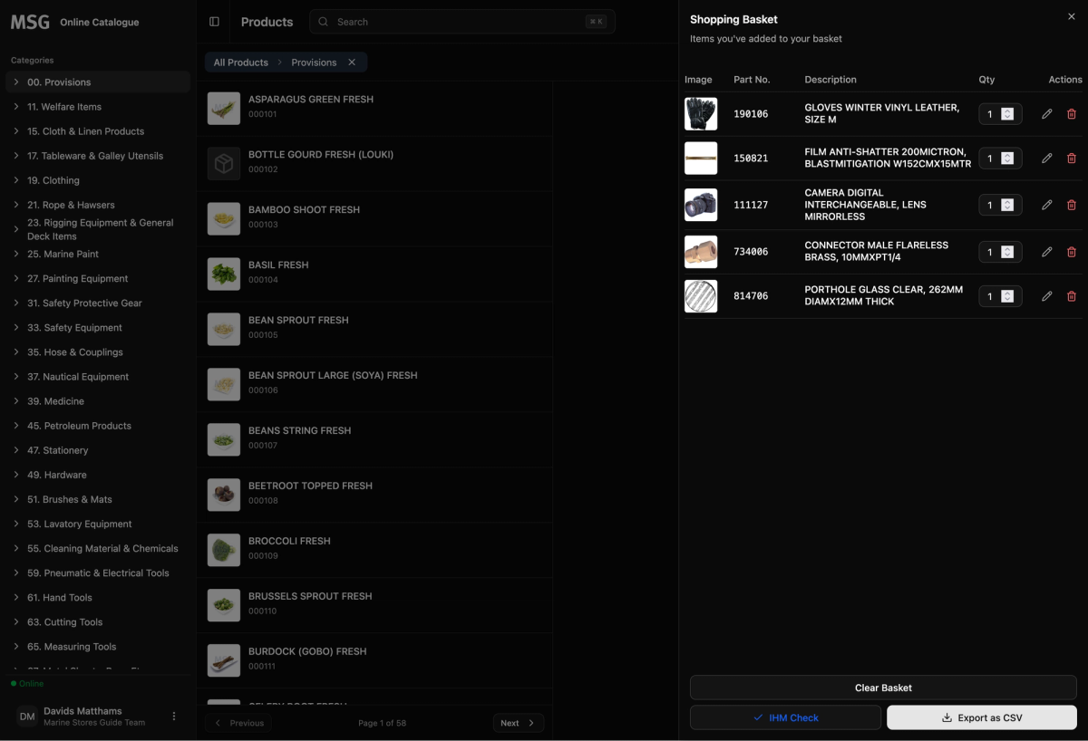 A screenshot of the Marine Stores Guide web app showing the shopping basket