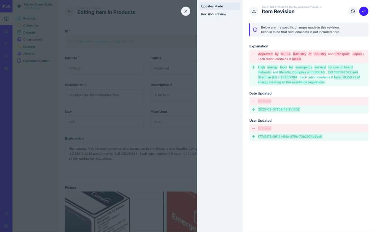 A screenshot of the Directus admin showing a revision history