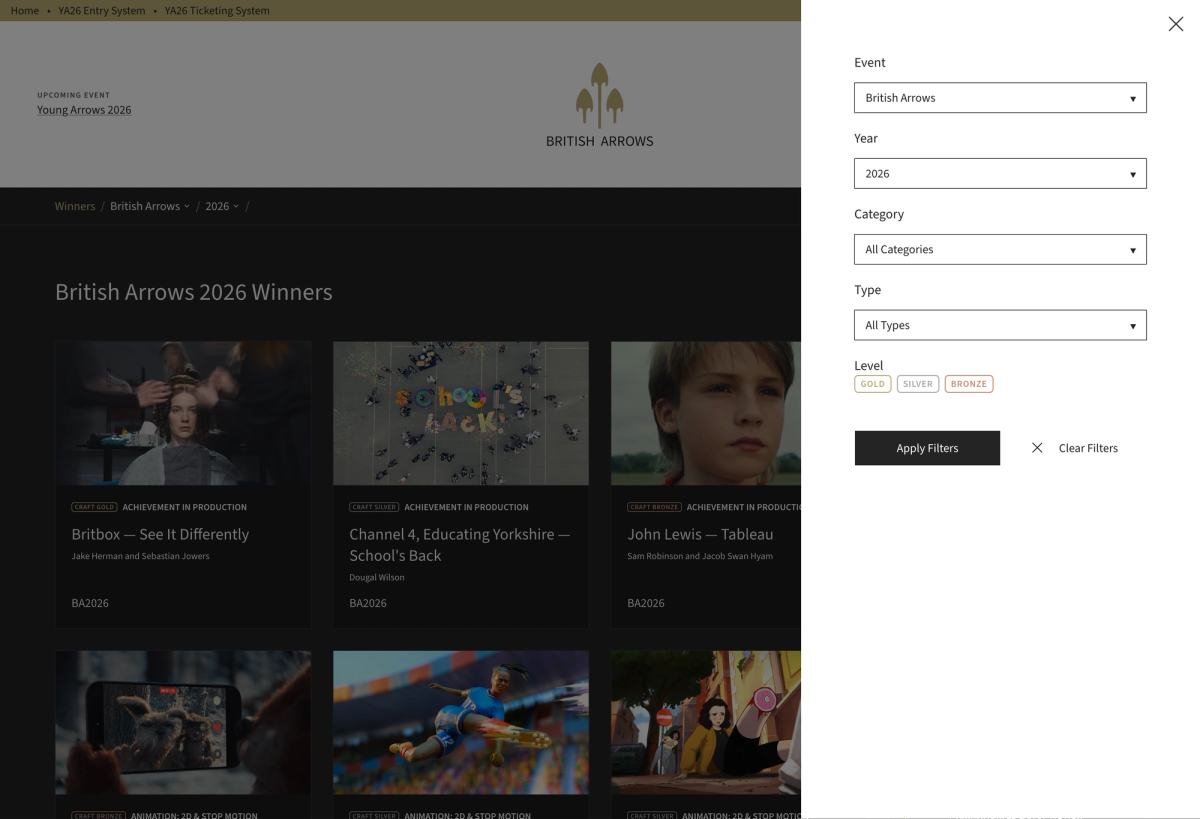 Screenshot of the British Arrows archive page showing a pop-over modal