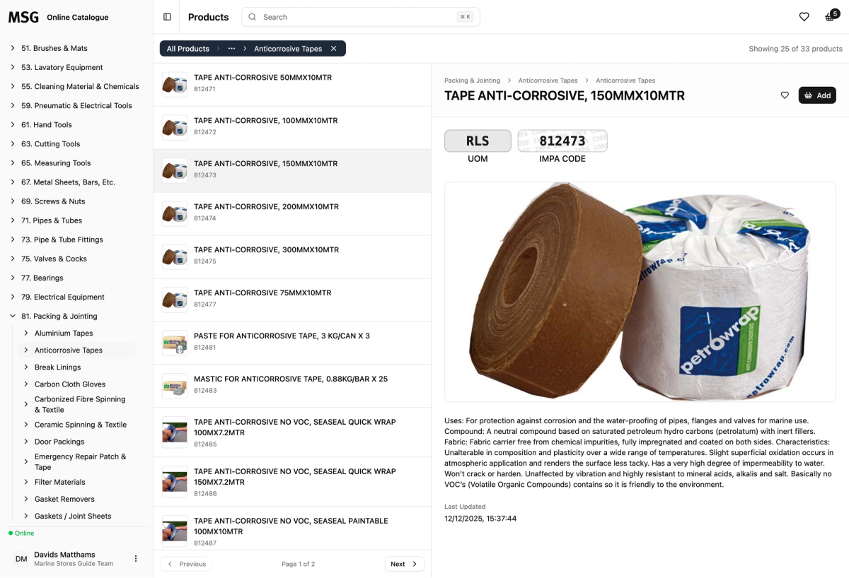 A screenshot of the Marine Stores Guide web app showing light mode