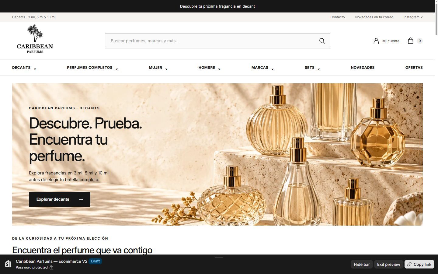 Captura real de la portada de Caribbean Parfums en la vista previa de Shopify