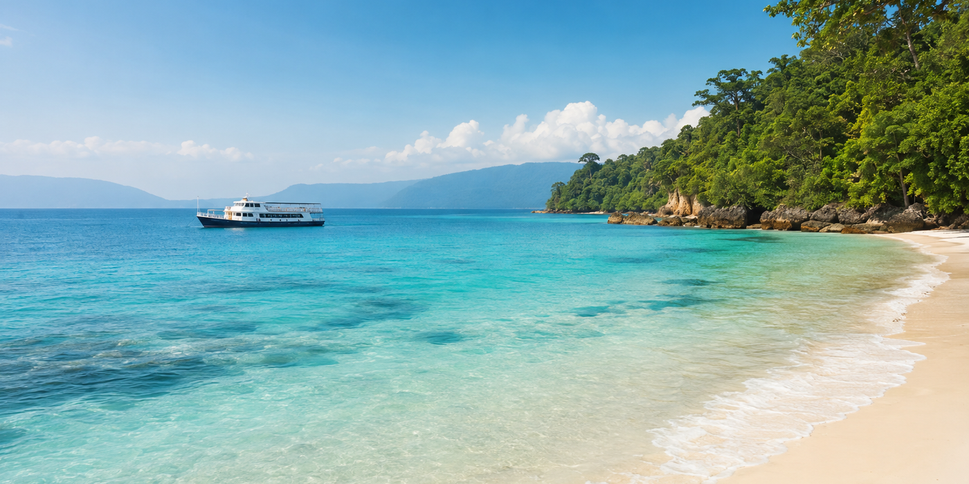 Turquoise Andaman sea, white-sand beach and inter-island ferry on a 6-day island tour