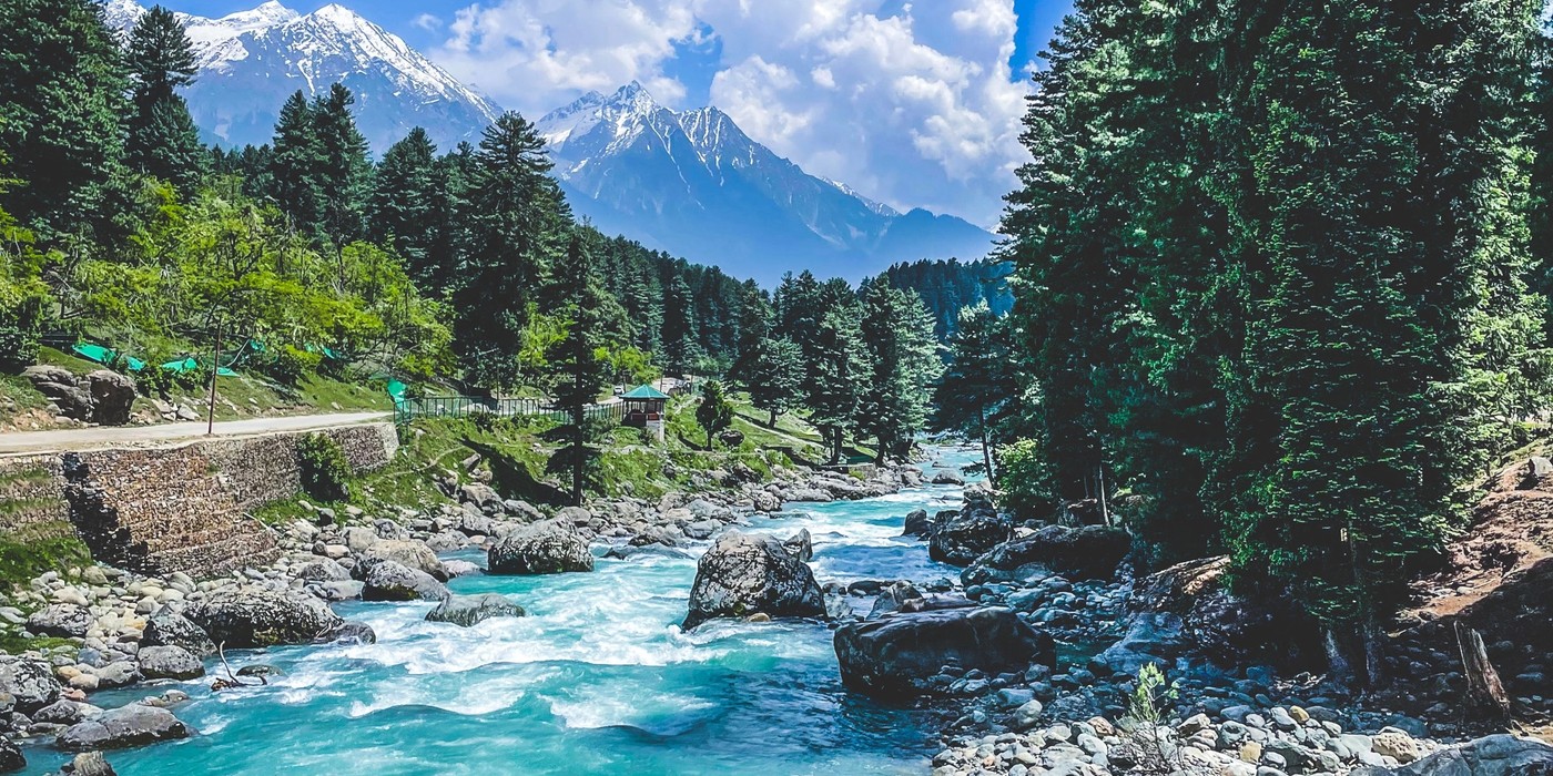 Pahalgam valley with Lidder River and Himalayan mountains Kashmir