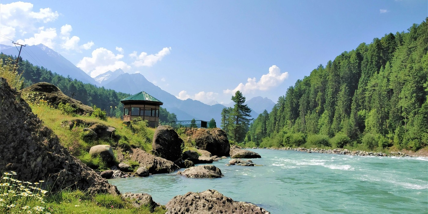 Pahalgam ABC Valleys with green meadows and Himalayan mountains in Kashmir