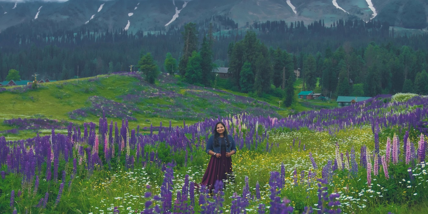 Tourists walking through scenic Gulmarg meadows in Kashmir
