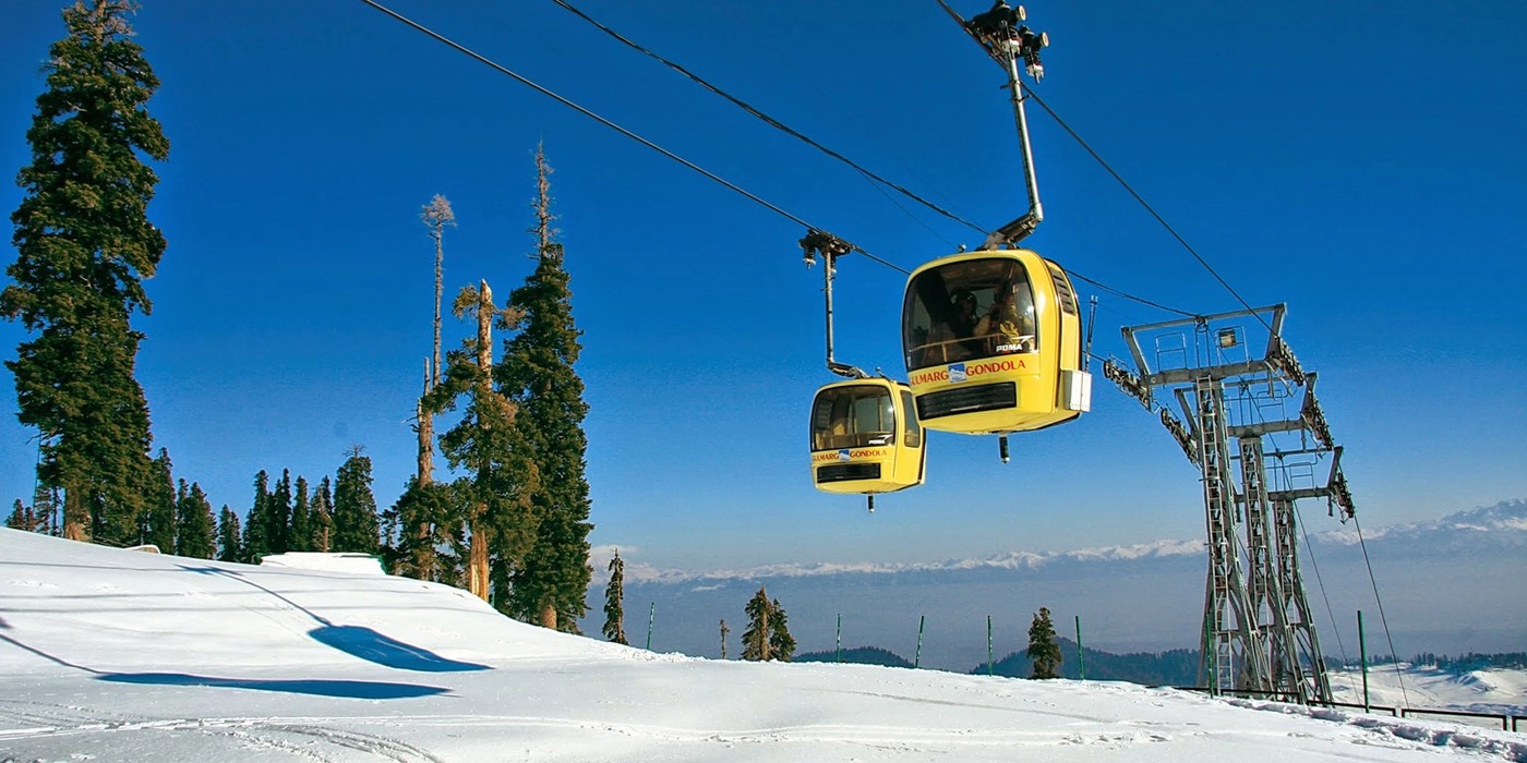 Gulmarg Gondola cable car with Himalayan mountains in Kashmir