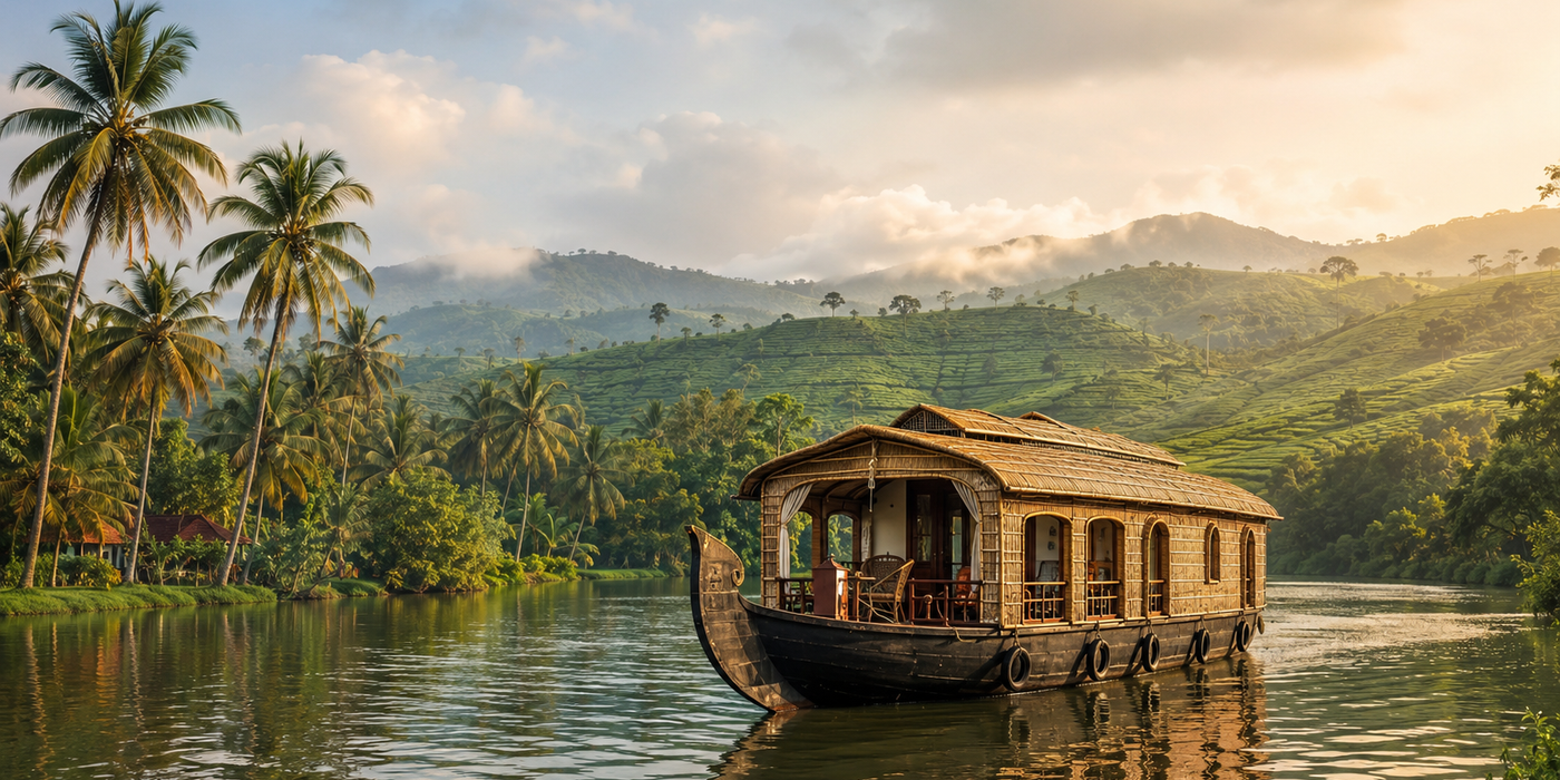 Kerala houseboat, coconut palms and green hills on a classic Kerala tour