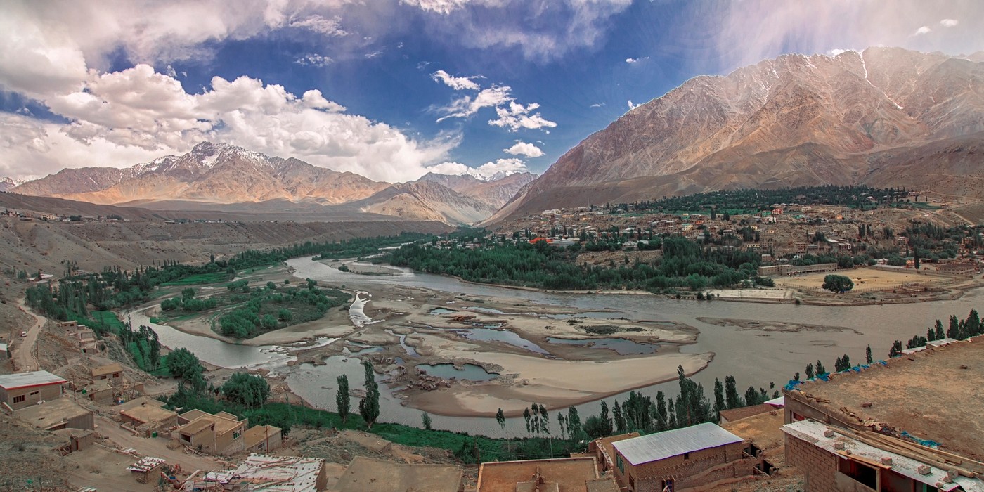 Kargil town surrounded by rugged mountains in Ladakh