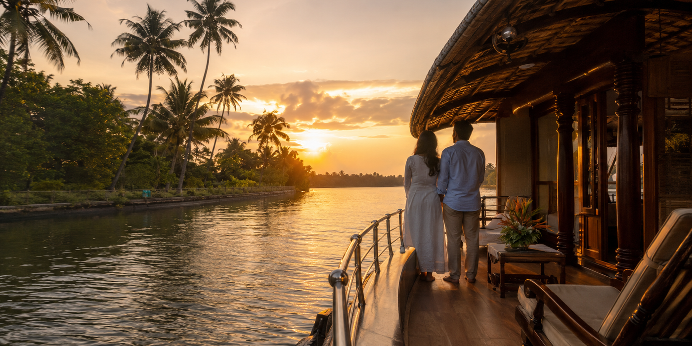 Couple enjoying sunset from a private houseboat on a Kerala honeymoon