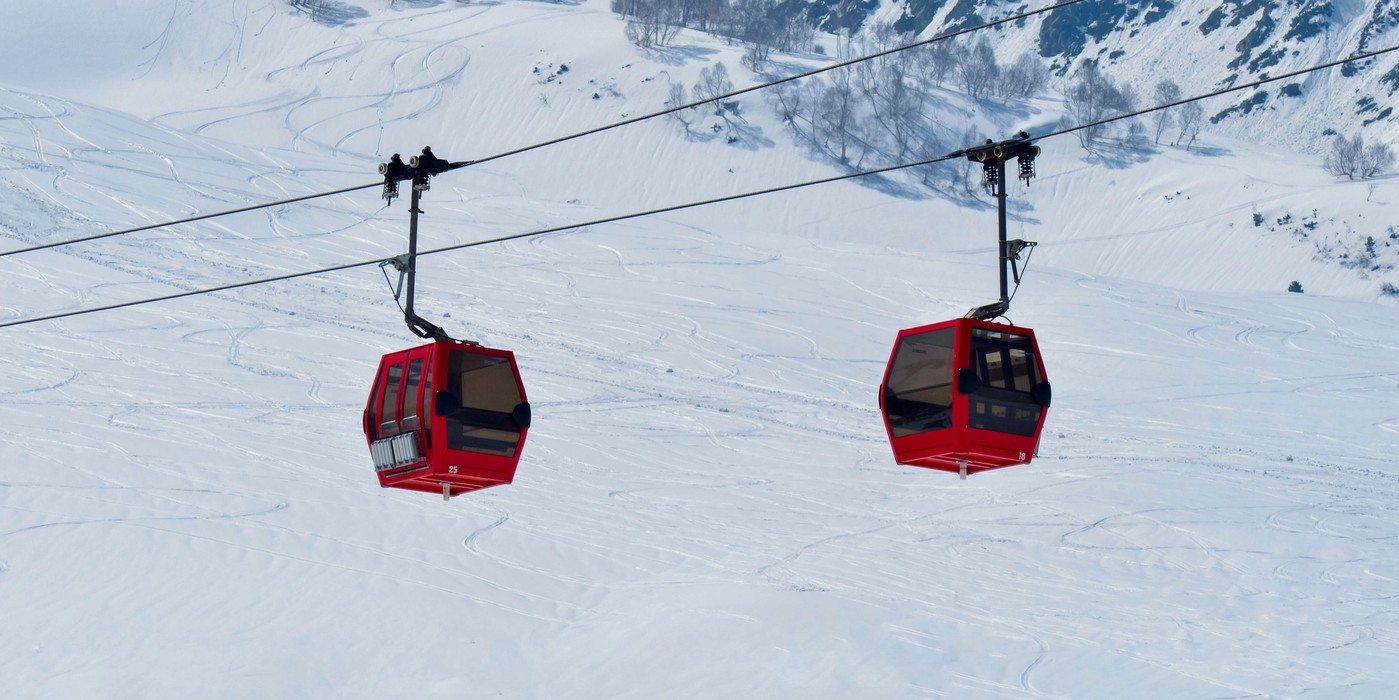 Gulmarg Gondola cable cars over snow covered Himalayan mountains