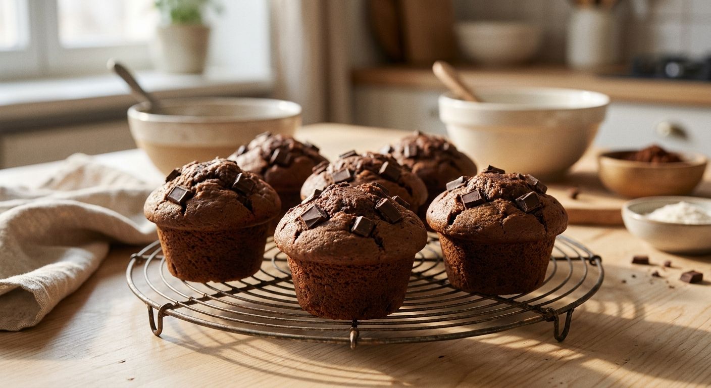 Sjokolademuffins med hakket mørk sjokolade på toppen, avkjøles på rist