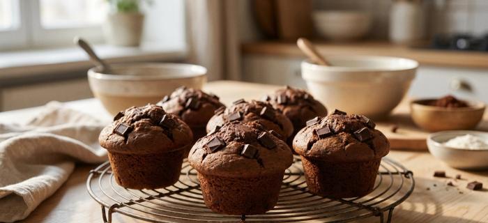 Sjokolademuffins med hakket mørk sjokolade på toppen, avkjøles på rist