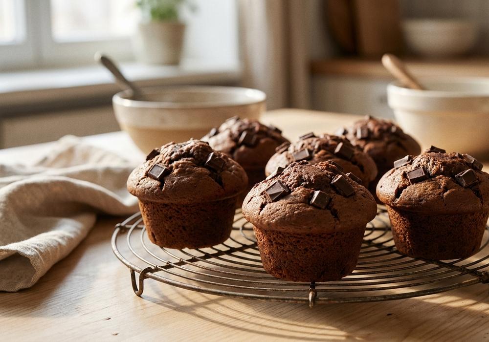 Sjokolademuffins med hakket mørk sjokolade på toppen, avkjøles på rist