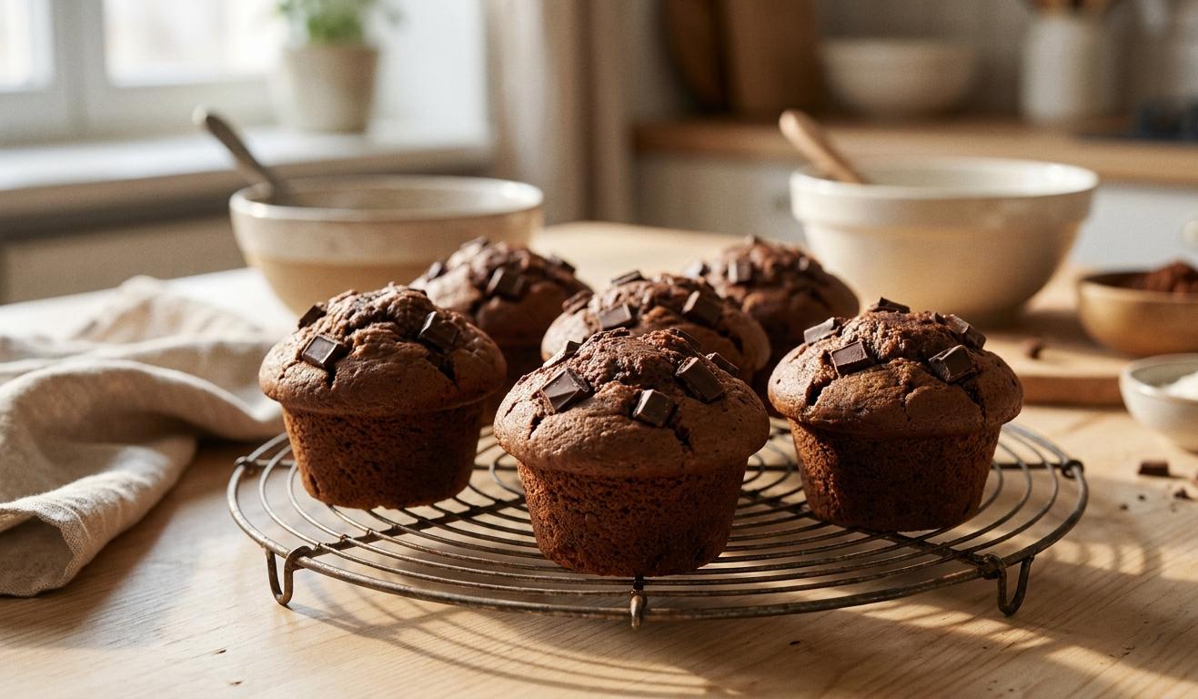 Sjokolademuffins med hakket mørk sjokolade på toppen, avkjøles på rist