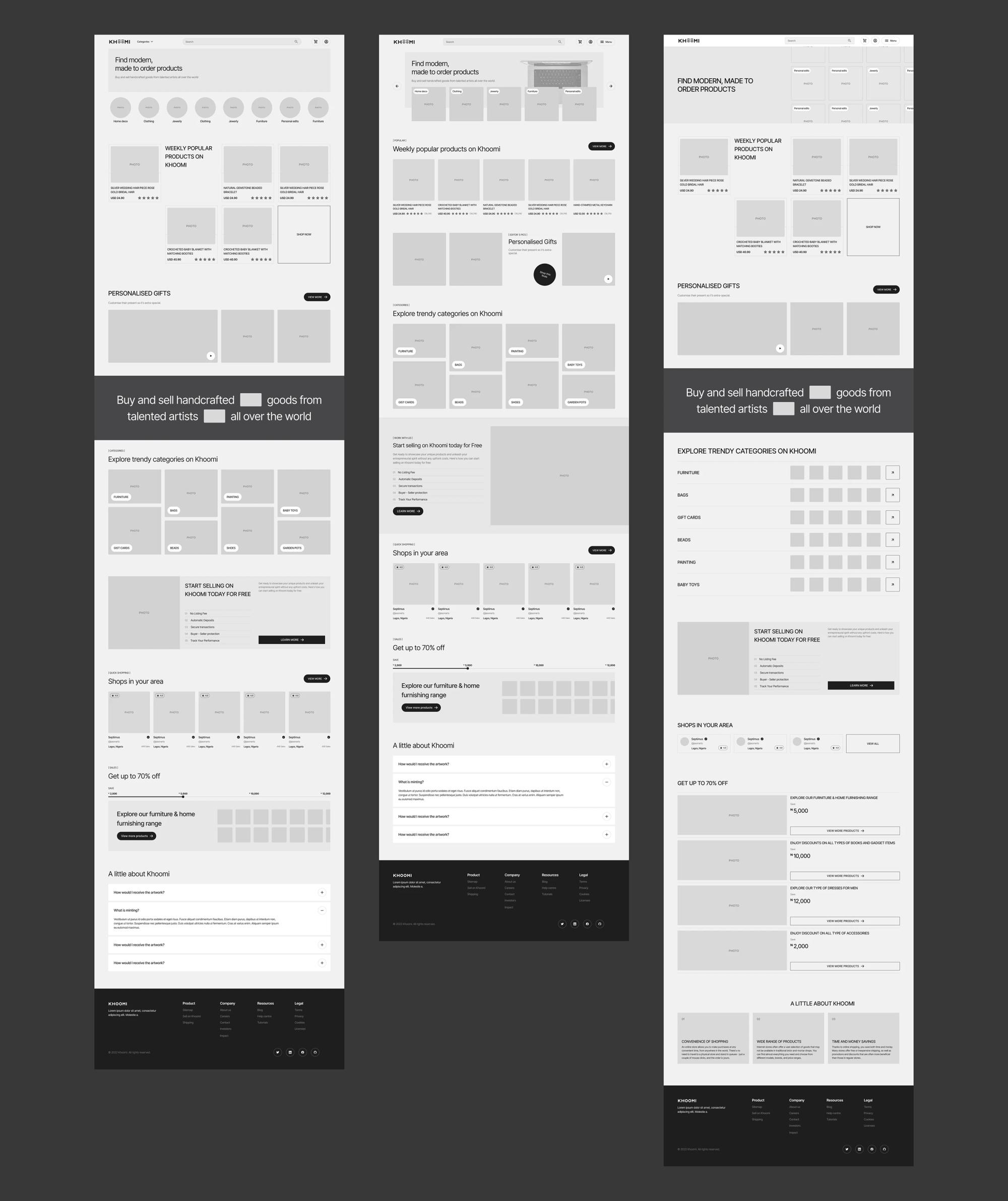 Khoomi wireframes for the main pages