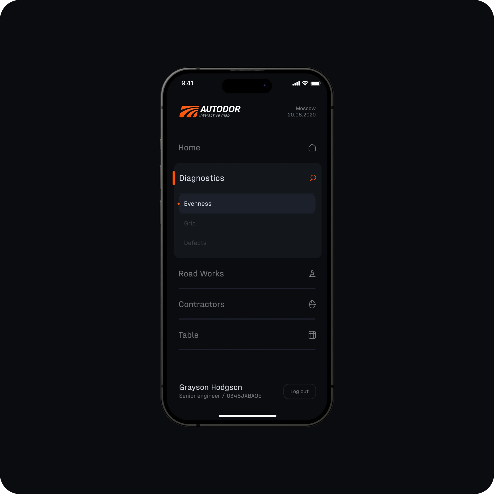 Autodor mobile menu: diagnostics, road works and data