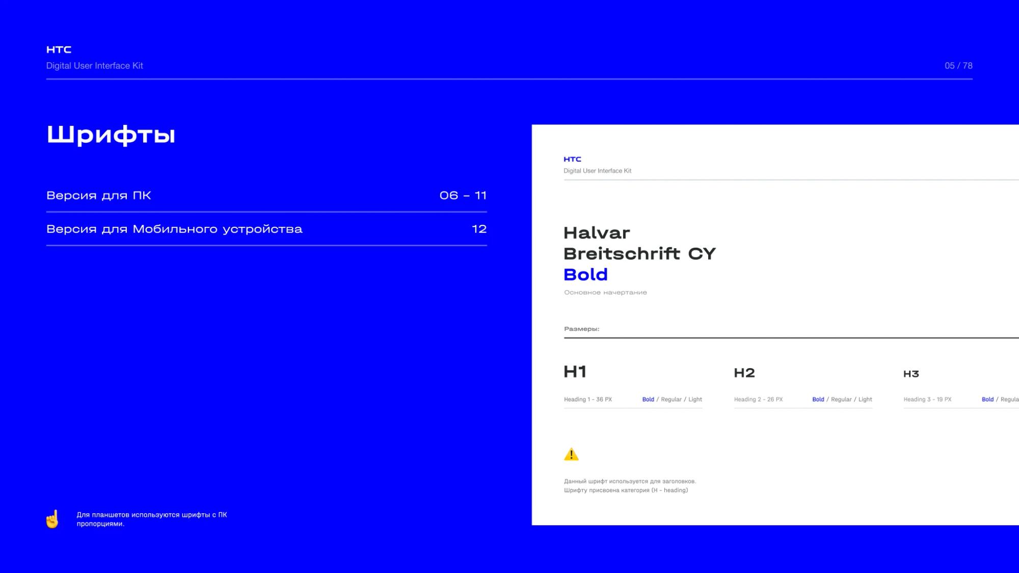 Typography section: fonts for desktop and mobile