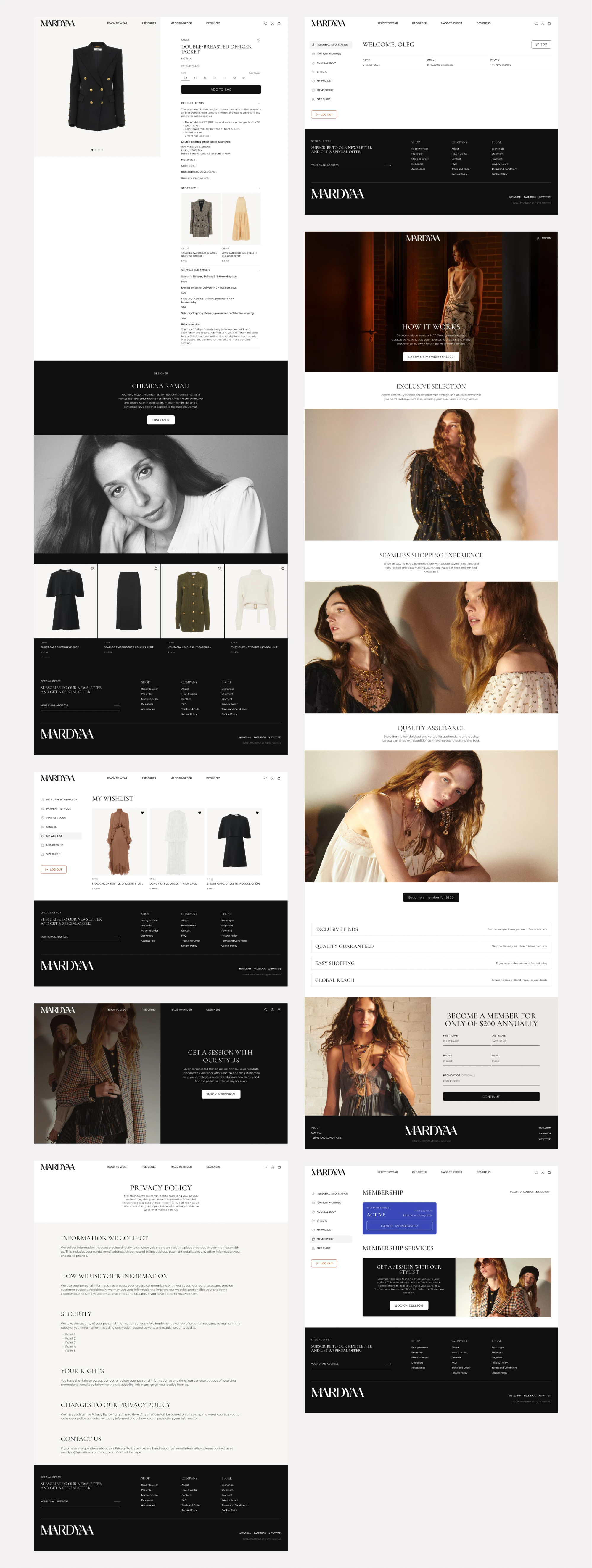 Product page, account and membership pages