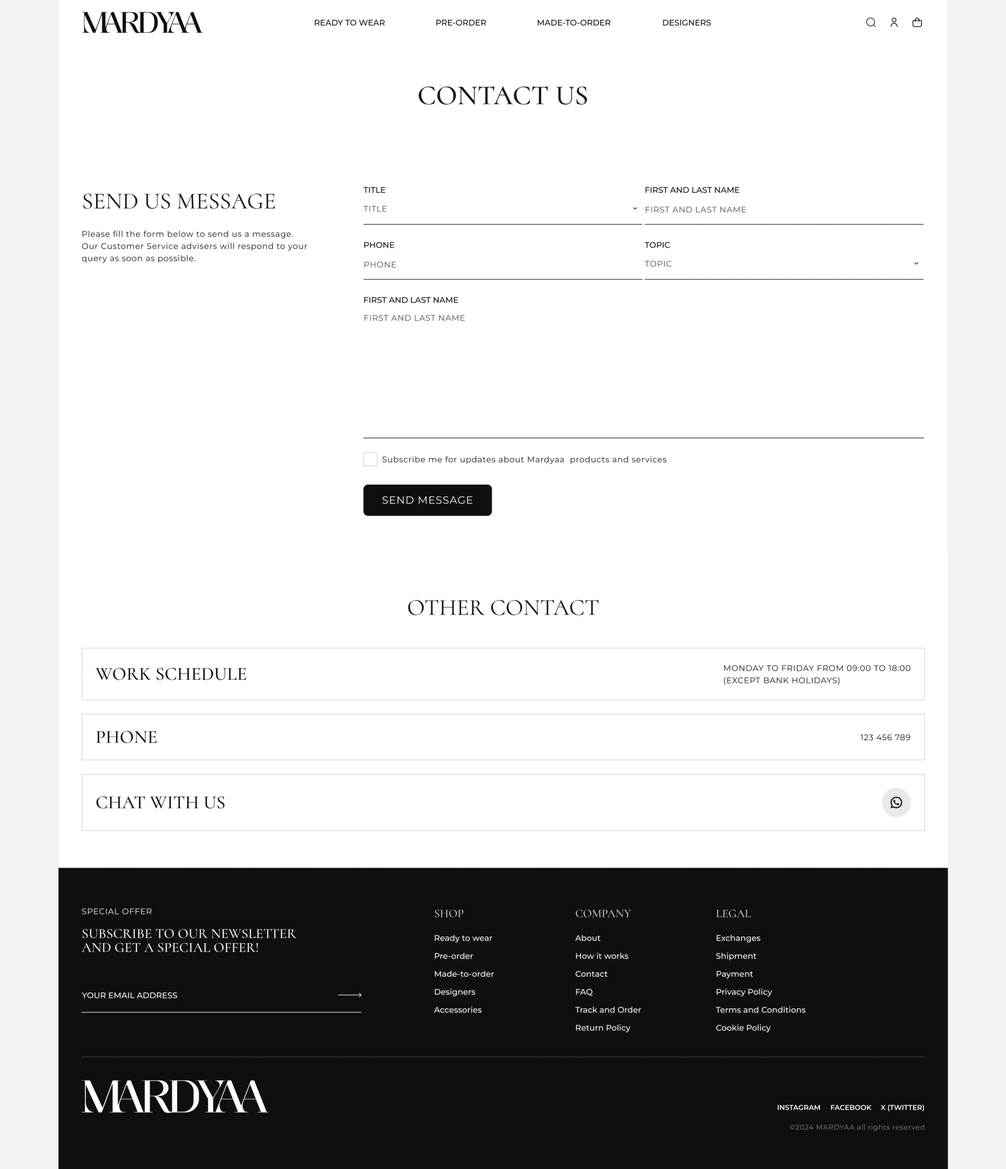Contact page with enquiry form and working hours