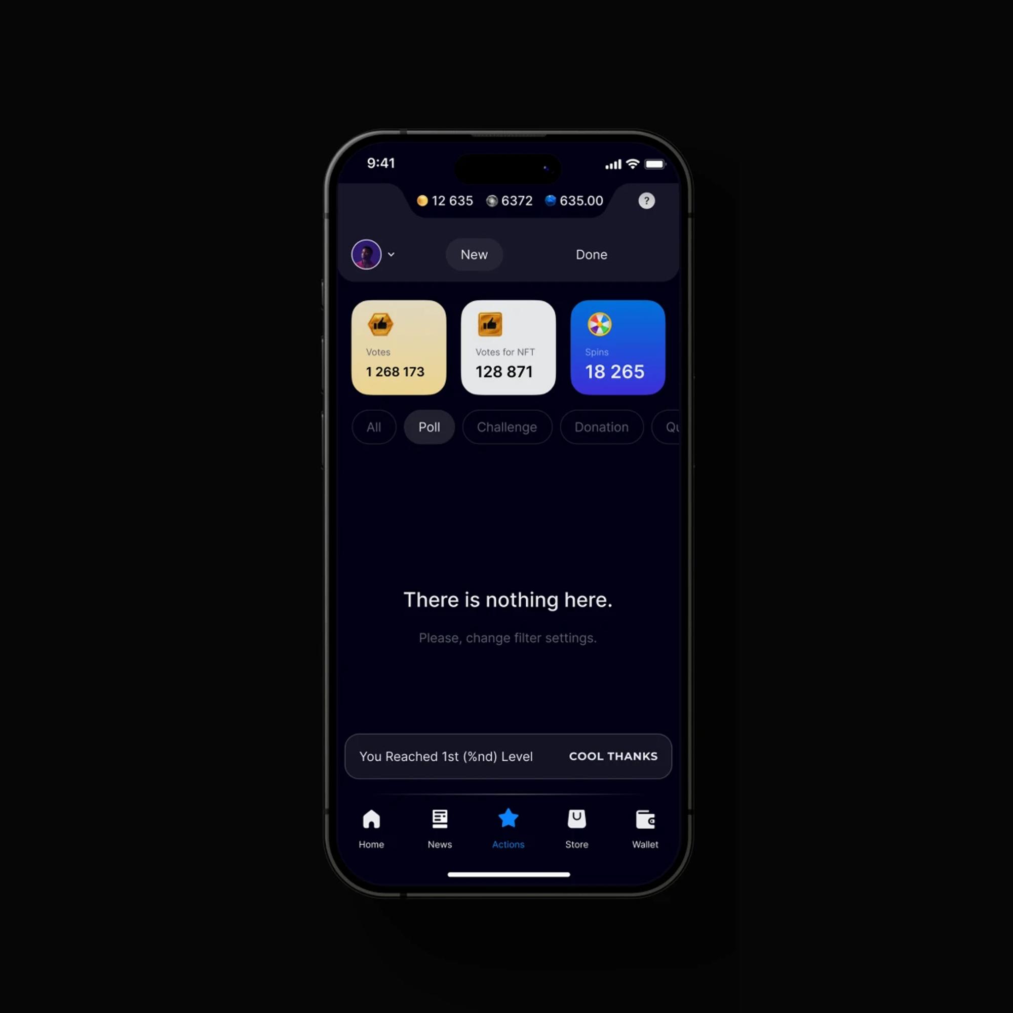 Actions screen with vote and spin counters
