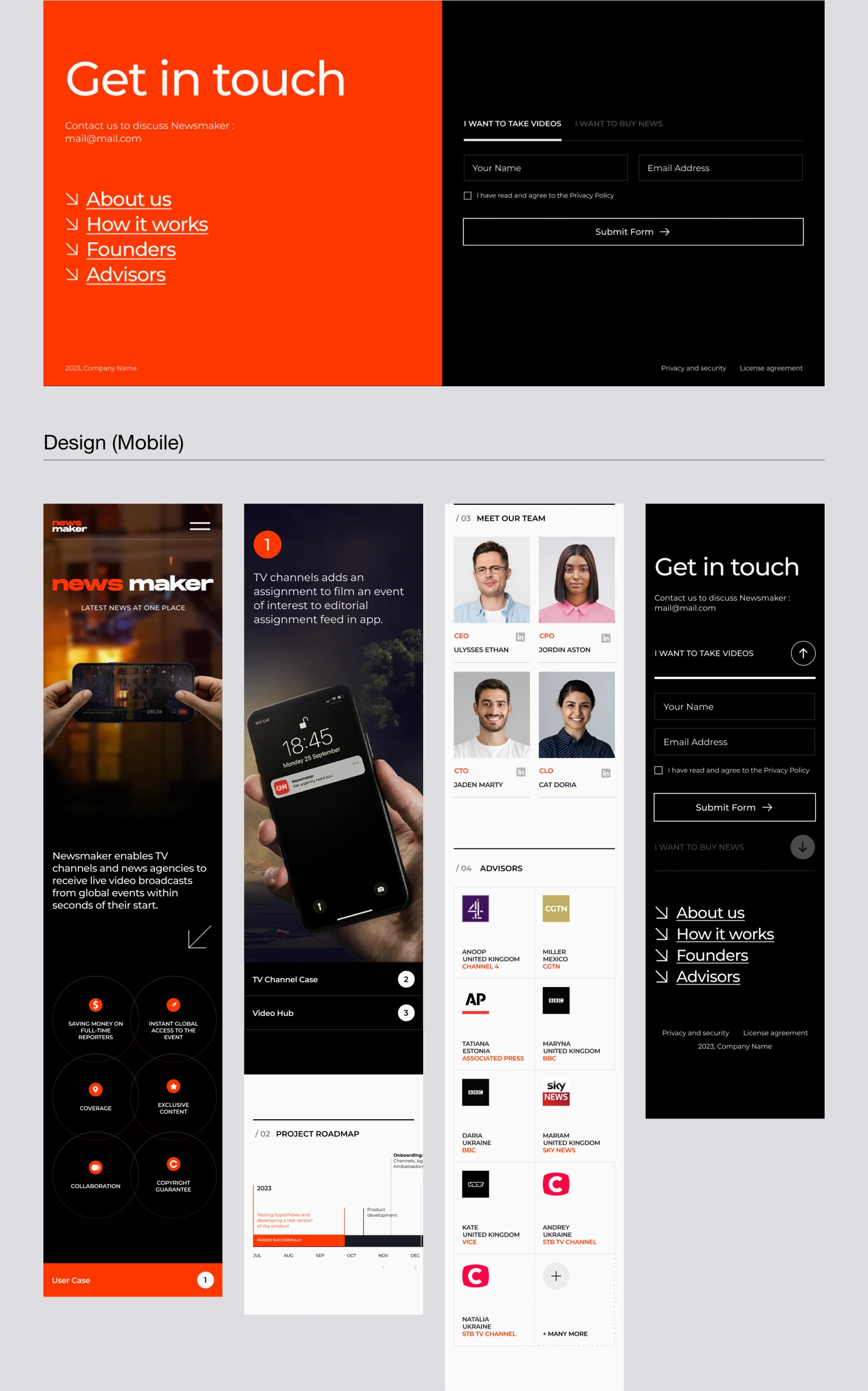 Contact section and mobile page designs