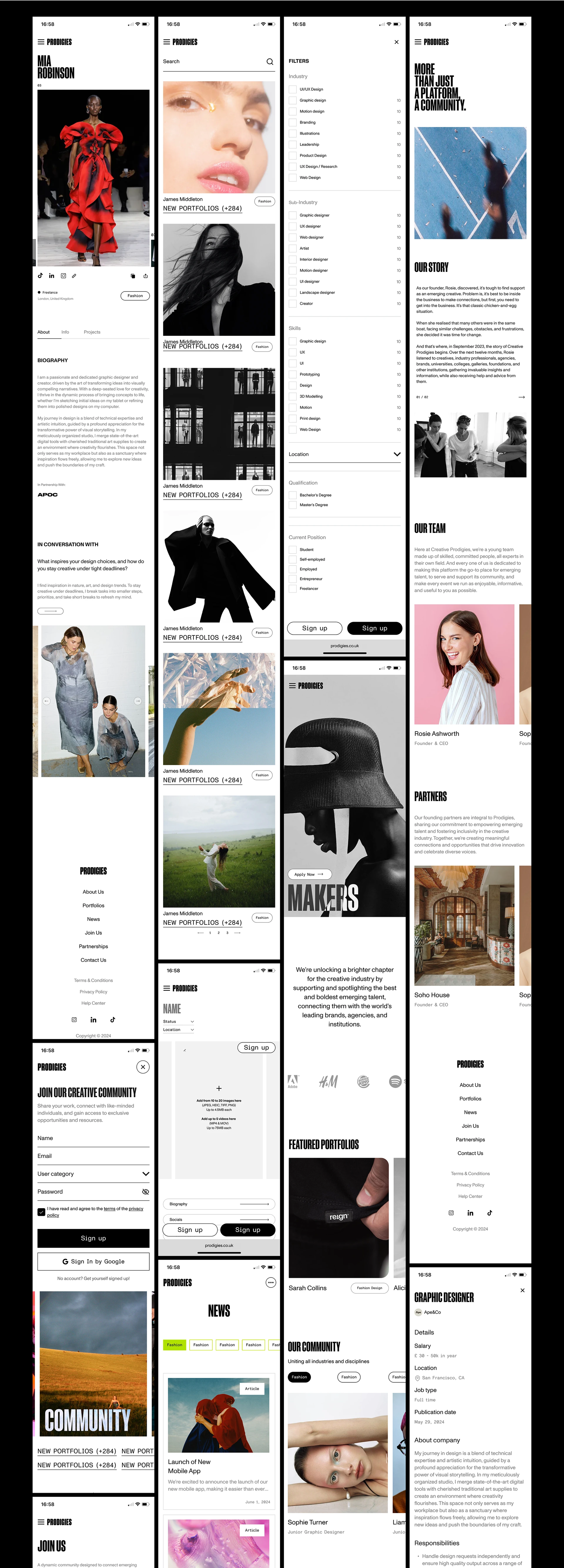 Mobile screens: profiles, articles and galleries
