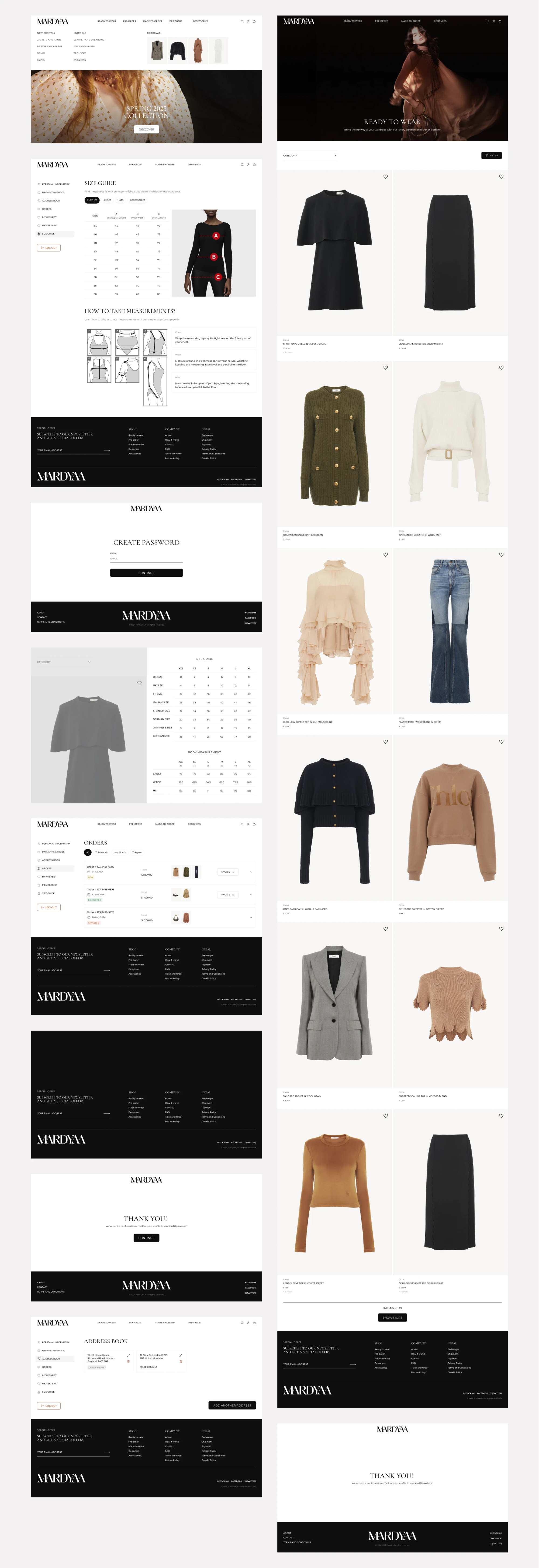 Catalogue grid, size charts and order history
