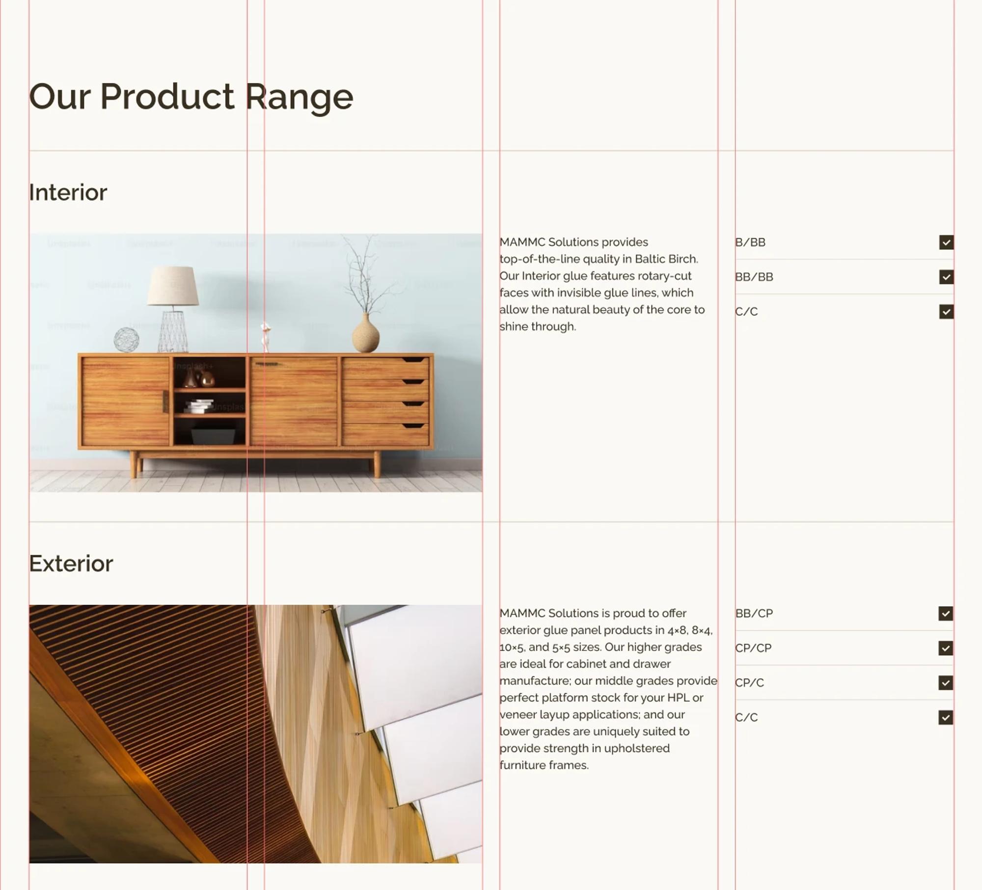 Product range page: interior and exterior plywood