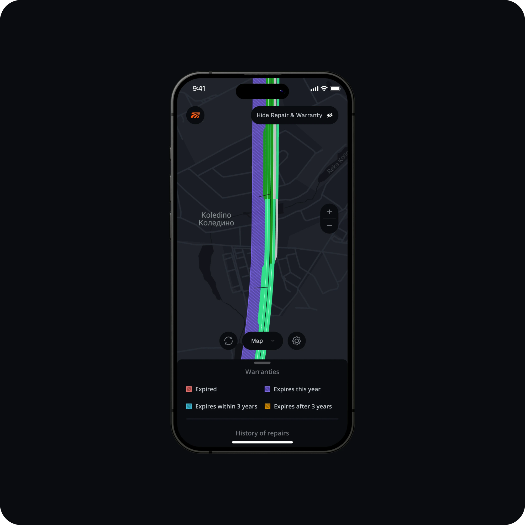 Mobile map with road warranty colour legend