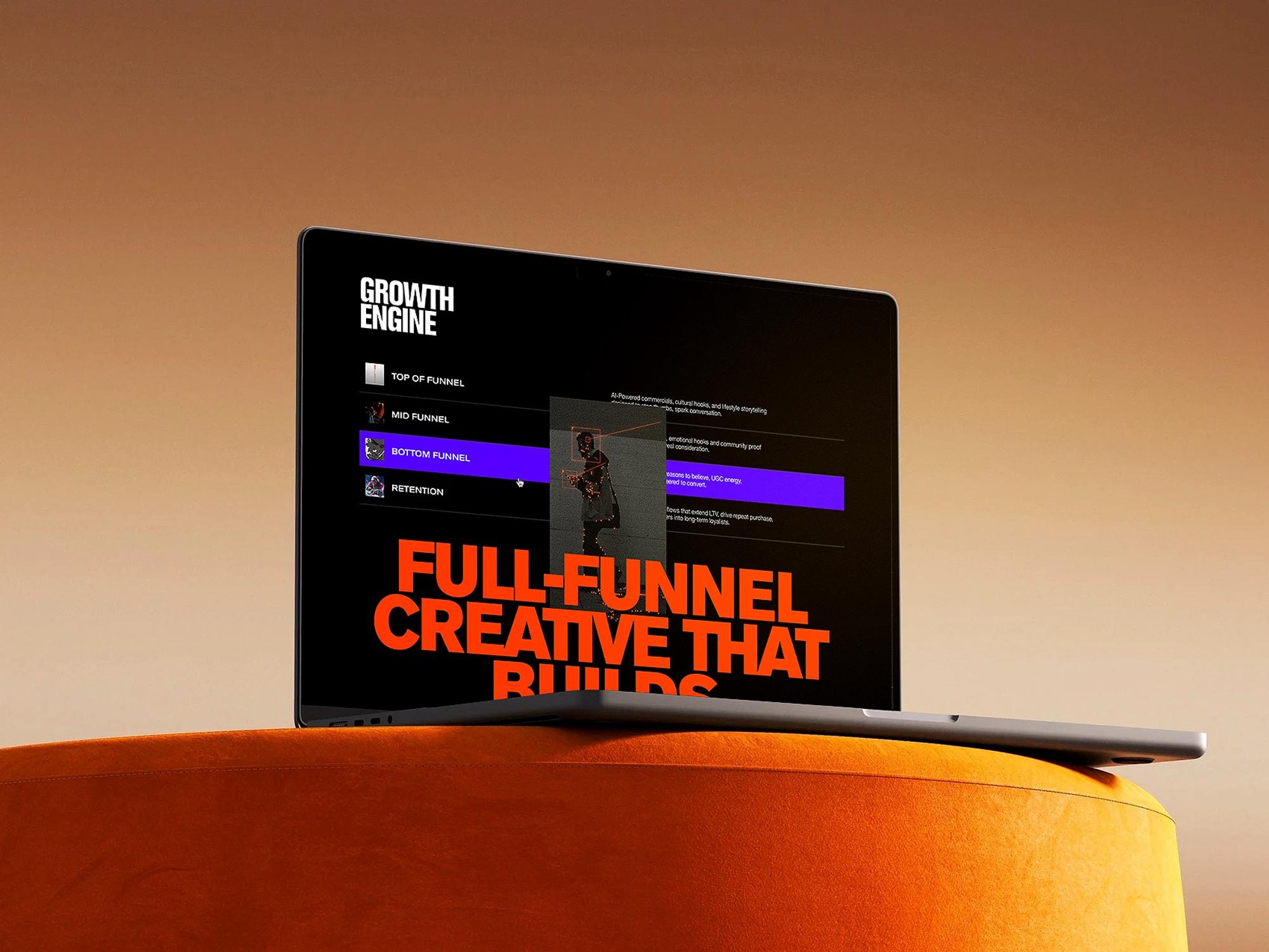 Growth Engine website on a laptop: full-funnel creative