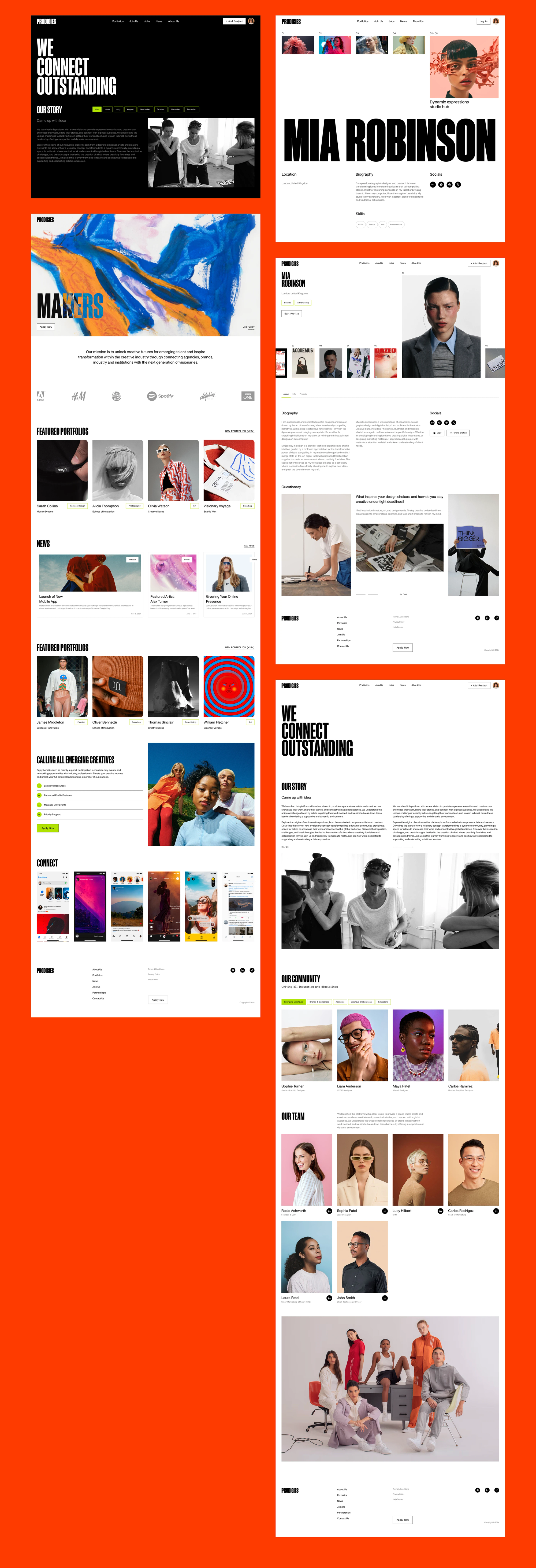 Prodigies landing page and profile layouts