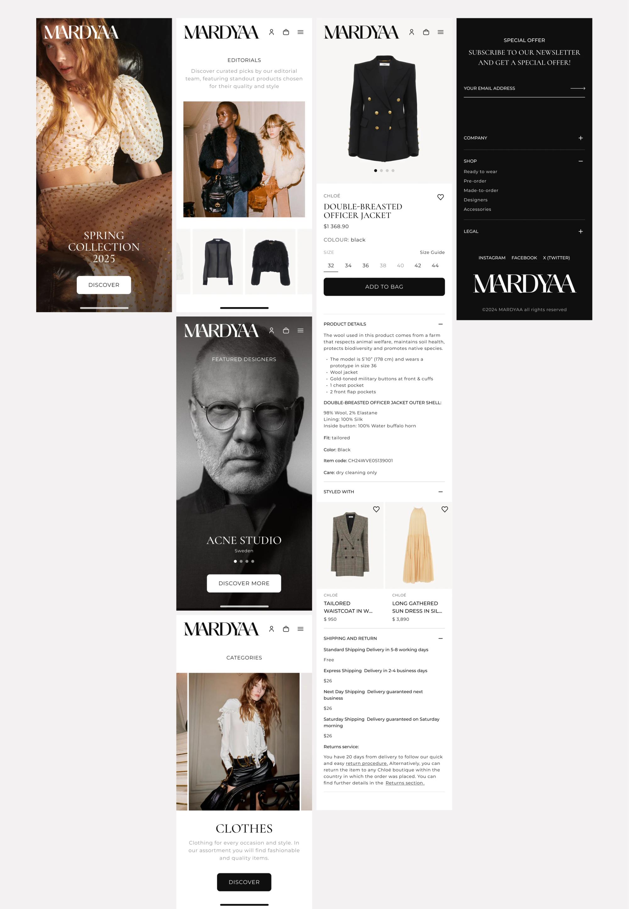 Mobile homepage, designer page and product page