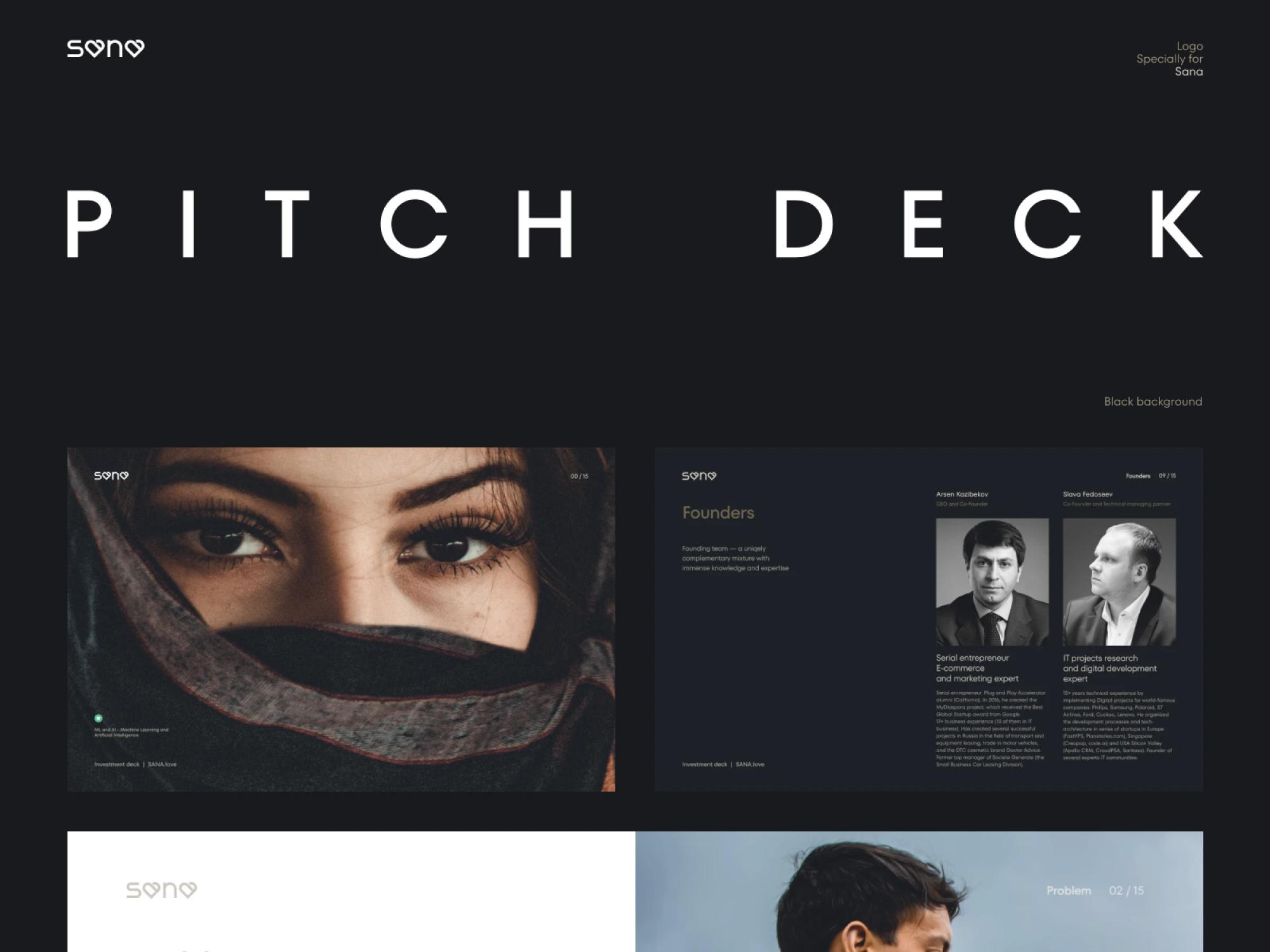 Sana pitch deck cover with portrait and founder slides